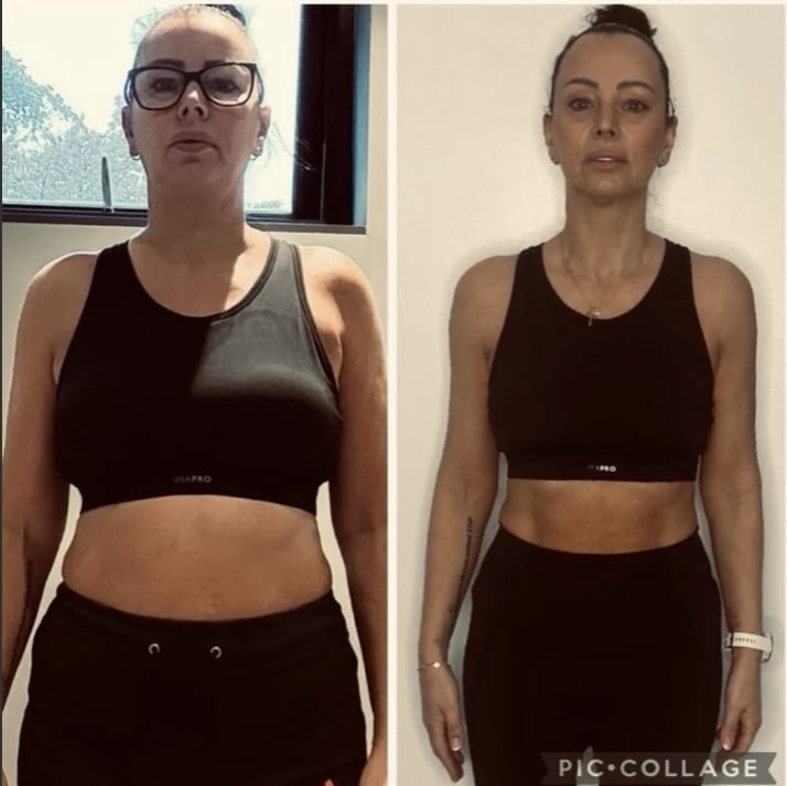 Before and after fitness transformation comparison showing two photos of a woman in athletic wear